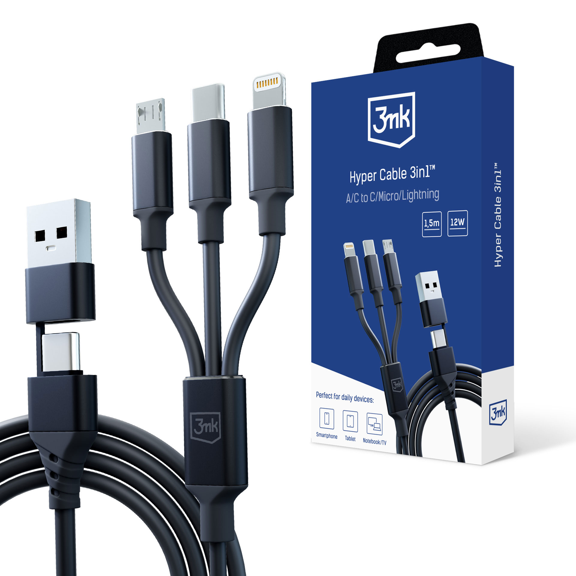 Kabel USB-A/USB-C na USB-C/Micro/Lightning 1,5m - 3mk Hyper Cable 3in1™ Černý