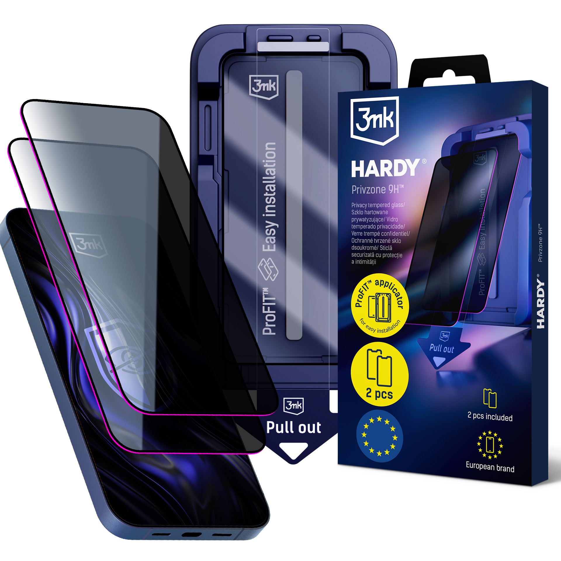 2× Ochranné sklo na soukromí s aplikátorem pro Apple iphone 15/16 – 3mk HARDY® Privzone 9H™