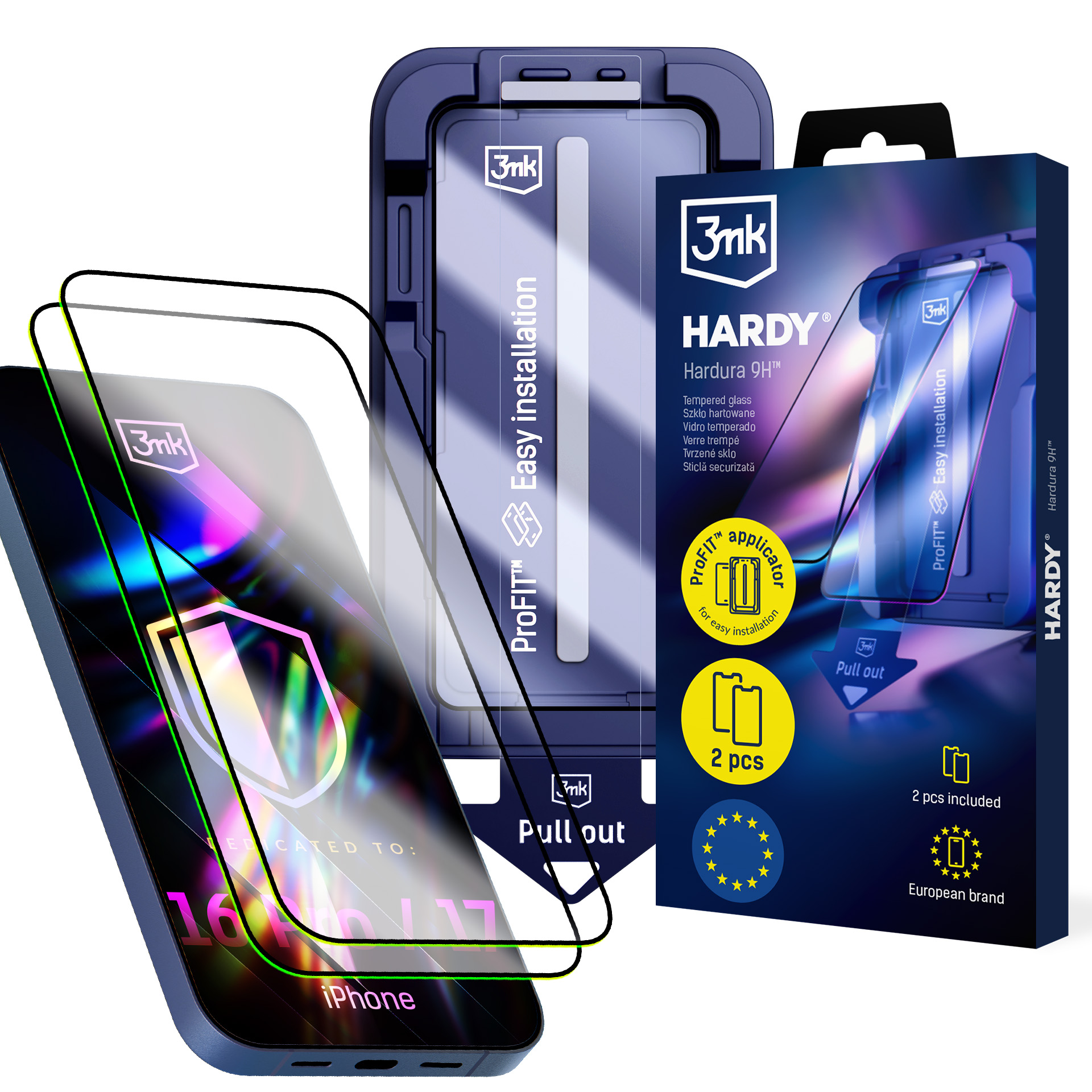 2× Tvrzené sklo s aplikátorem pro Apple iPhone 16 Pro/ 17 – 3mk HARDY® Hardura 9H™