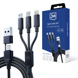 Kabel USB-A/USB-C na USB-C/Micro/Lightning 1,5m - 3mk Hyper Cable 3in1™ Černý