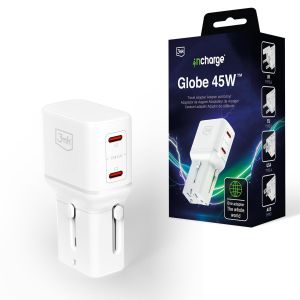 Cestovní nabíječka Adaptér 210 zemí 3mk incharge® Globe 45W™ GaN PD QC4+ PPS SCP Bílá
