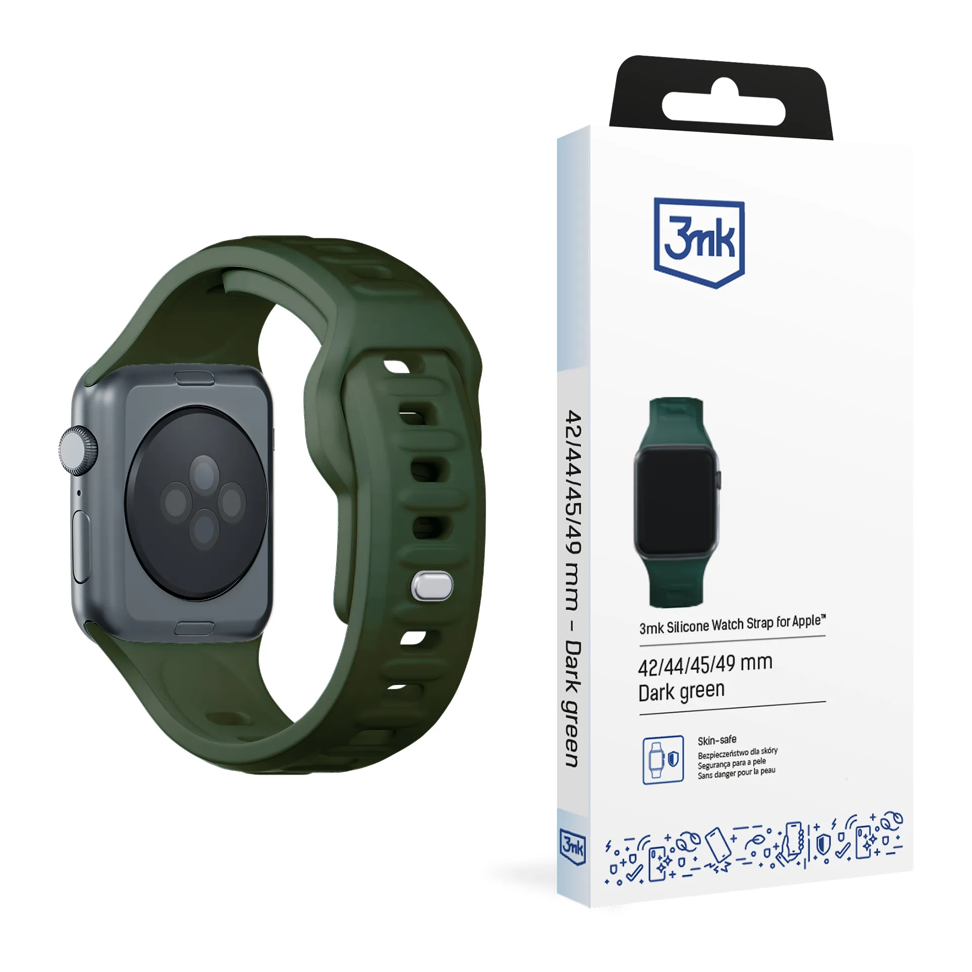 Pasek na 42/44/45/46/49 mm Dark Green (big) - 3mk silikonový hodinkový pásek