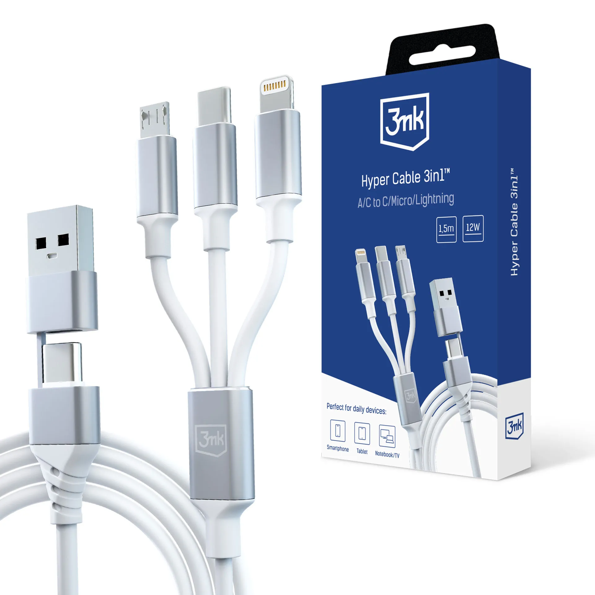 Kabel USB-A/USB-C na USB-C/Micro/Lightning 1,5 m - 3mk Hyper Cable 3in1™ Bílý