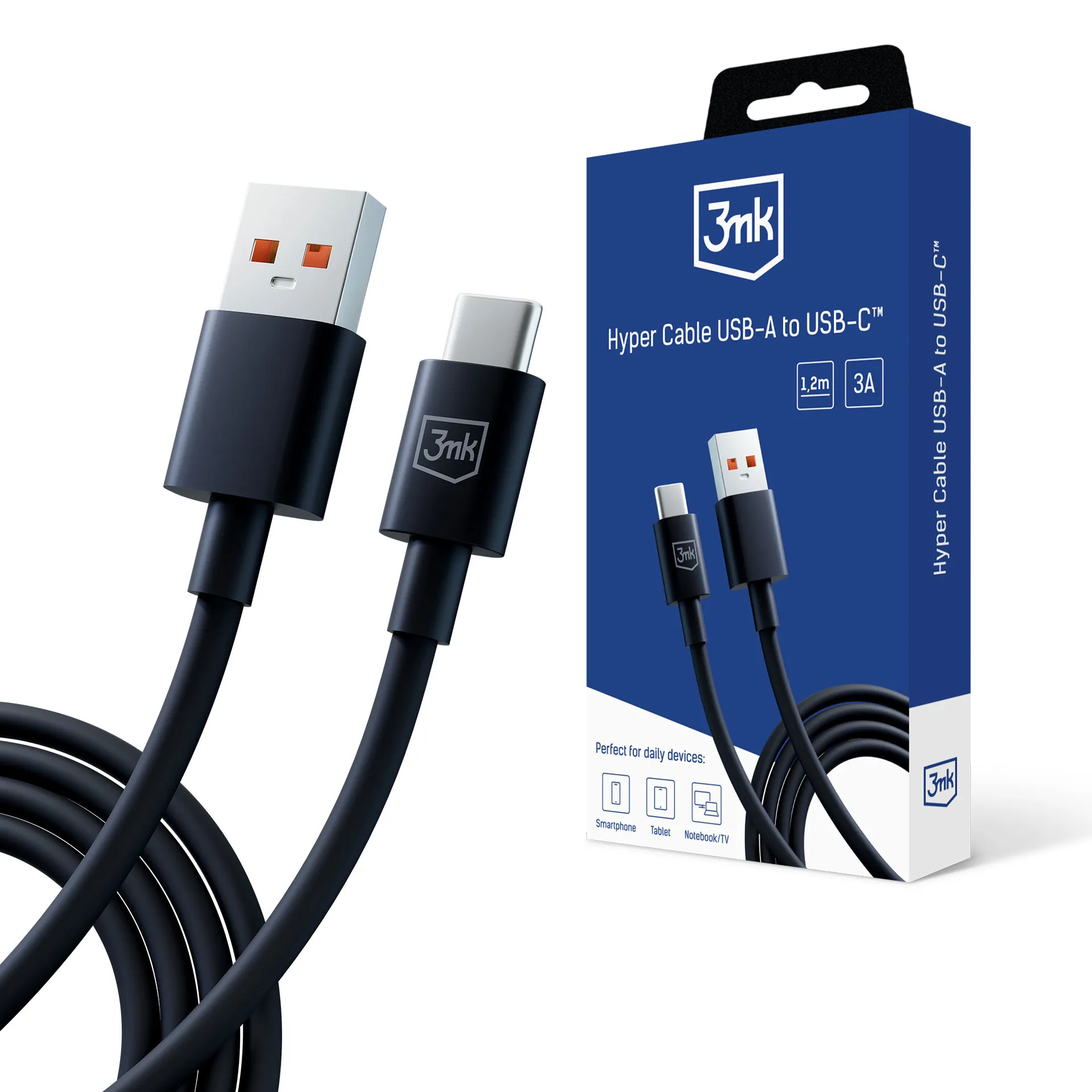 Kabel USB-A na C 60W 3A 1.2m - 3mk Hyper Cable Černý