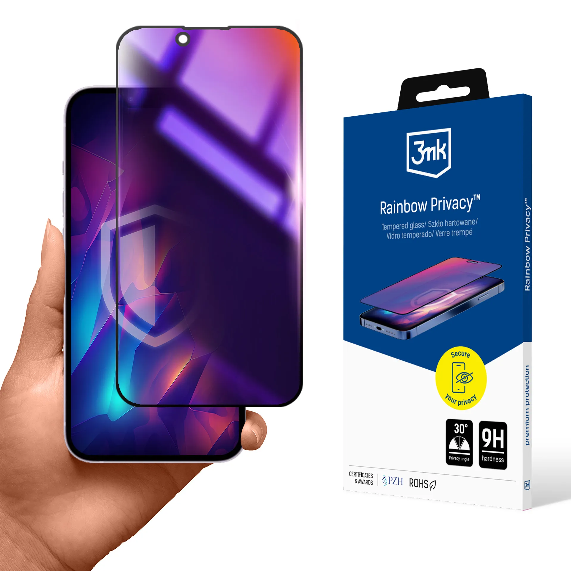 Privátní tvrzené sklo na Apple iPhone 16E - 3mk Rainbow Privacy